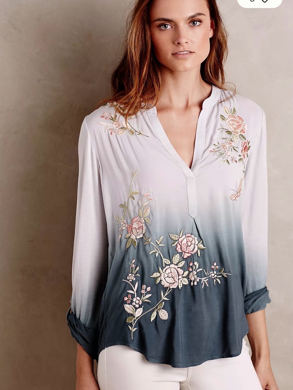 Anthropology TINY Embroidered Ombre Garden Peasant V-Neck Blouse BOHO S